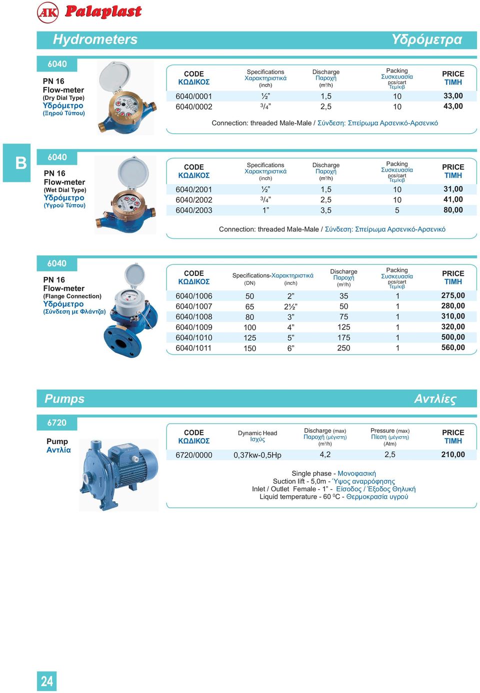 Packing Συσκευασία pcs/cart Τεμ/κιβ 0 0 5 3,00 4,00 80,00 Connection: threaded Male-Male / Σύνδεση: Σπείρωμα Αρσενικό-Αρσενικό 6040 PN 6 Flow-meter (Flange Connection) Υδρόμετρο (Σύνδεση με Φλάντζα)