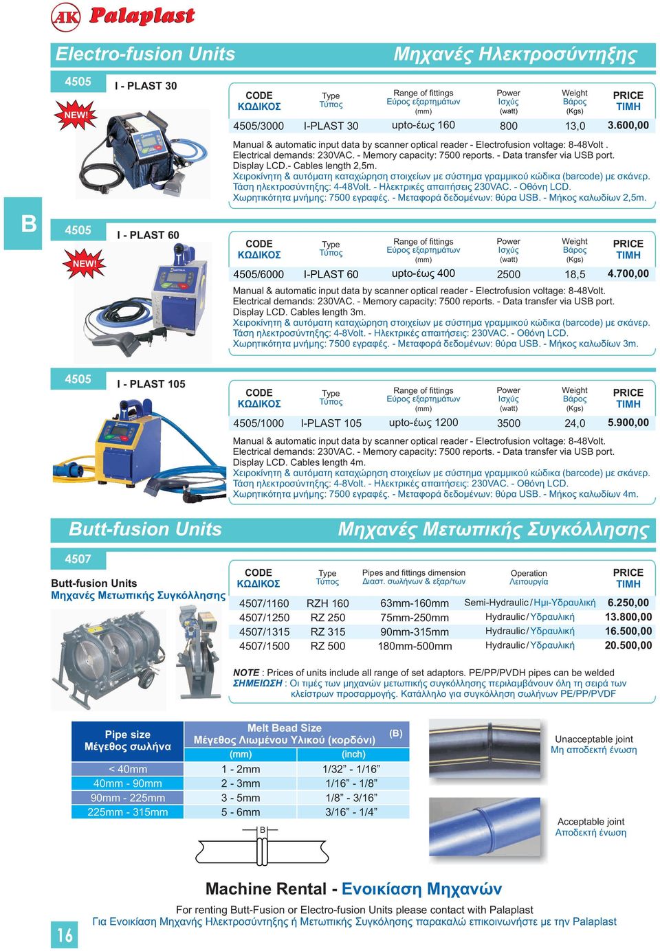 - Cables length 2,5m. Χειροκίνητη & αυτόματη καταχώρηση στοιχείων με σύστημα γραμμικού κώδικα (barcode) με σκάνερ. Τάση ηλεκτροσύντηξης: 4-48Volt. - Ηλεκτρικές απαιτήσεις 230VAC. - Οθόνη LCD.