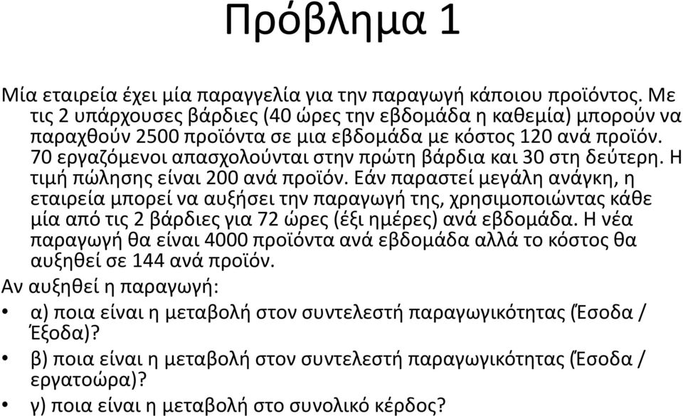 70 εργαζόμενοι απασχολούνται στην πρώτη βάρδια και 30 στη δεύτερη. Η τιμή πώλησης είναι 200 ανά προϊόν.