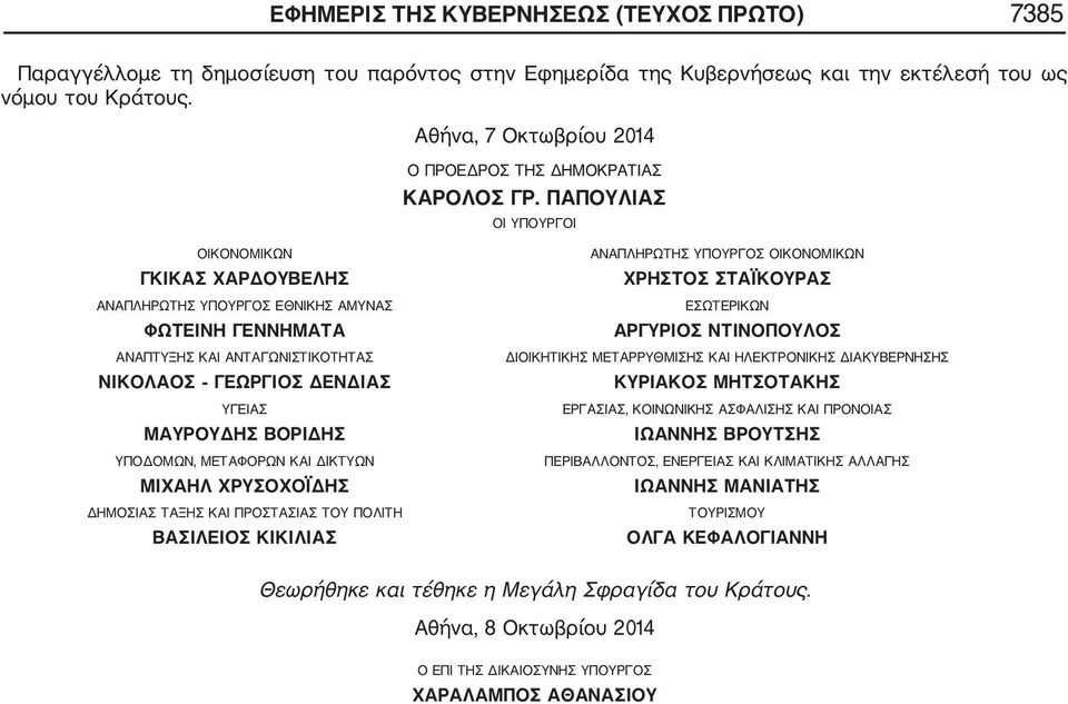 ΠΑΠΟΥΛΙΑΣ ΟΙ ΥΠΟΥΡΓΟΙ ΟΙΚΟΝΟΜΙΚΩΝ ΓΚΙΚΑΣ ΧΑΡΔΟΥΒΕΛΗΣ ΑΝΑΠΛΗΡΩΤΗΣ ΥΠΟΥΡΓΟΣ ΕΘΝΙΚΗΣ ΑΜΥΝΑΣ ΦΩΤΕΙΝΗ ΓΕΝΝΗΜΑΤΑ ΑΝΑΠΤΥΞΗΣ ΚΑΙ ΑΝΤΑΓΩΝΙΣΤΙΚΟΤΗΤΑΣ ΝΙΚΟΛΑΟΣ ΓΕΩΡΓΙΟΣ ΔΕΝΔΙΑΣ ΥΓΕΙΑΣ ΜΑΥΡΟΥΔΗΣ ΒΟΡΙΔΗΣ