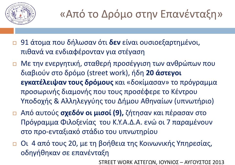 που τους προσέφερε το Κέντρου Υποδοχής & Αλληλεγγύης του Δήμου Αθηναίων (υπνωτήριο) Από αυτούς σχεδόν οι μισοί (9), ζήτησαν και πέρασαν στο Πρόγραμμα