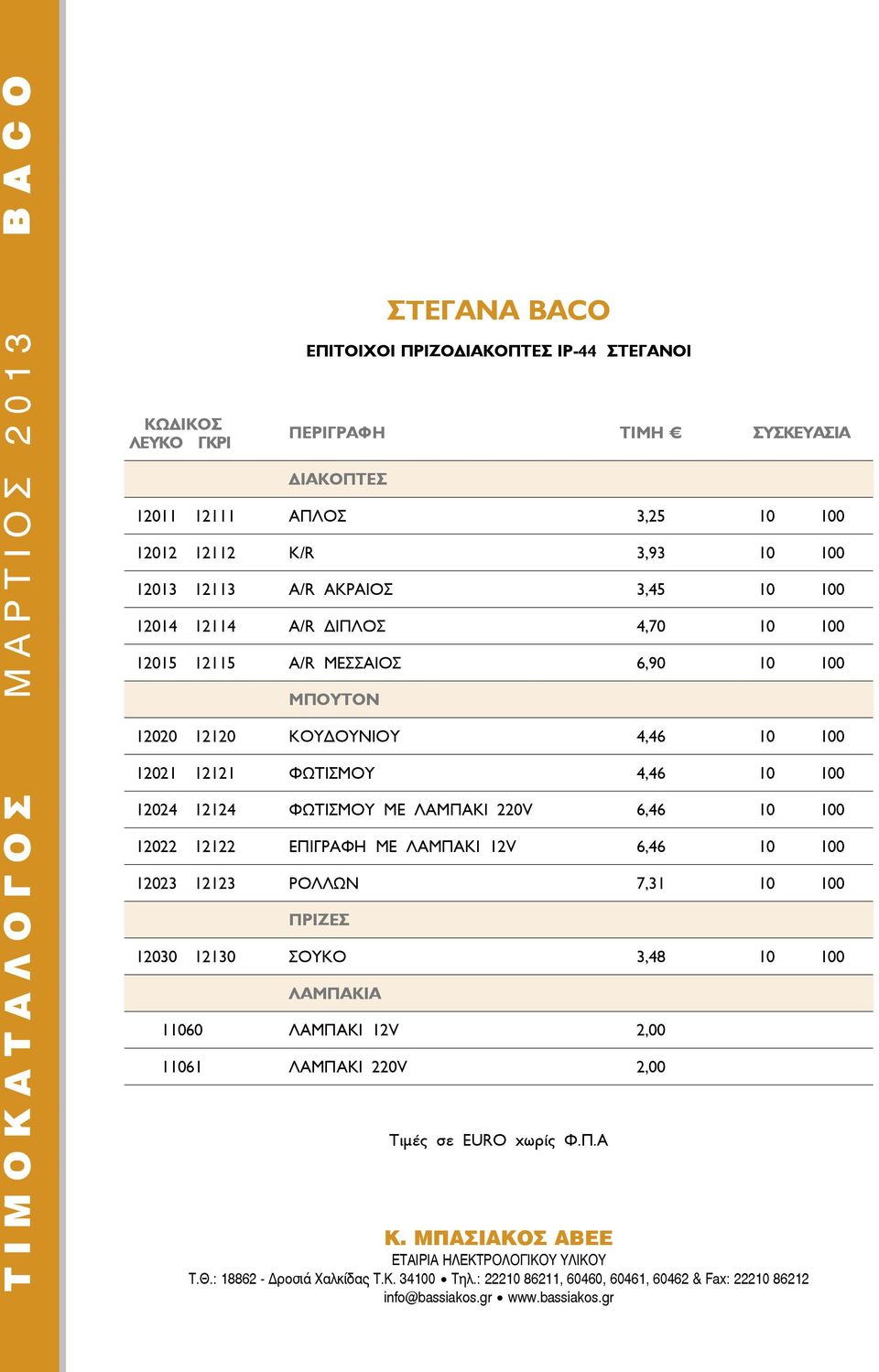 4,46 10 100 12024 12124 ΦΩΤΙΣΜΟΥ ΜΕ ΛΑΜΠΑΚΙ 220V 6,46 10 100 12022 12122 ΕΠΙΓΡΑΦΗ ΜΕ ΛΑΜΠΑΚΙ 12V 6,46 10 100 12023 12123 ΡΟΛΛΩΝ 7,31 10 100 ΠΡΙΖΕΣ 12030 12130 ΣΟΥΚΟ 3,48 10 100 ΛΑΜΠΑΚΙΑ 11060 ΛΑΜΠΑΚΙ