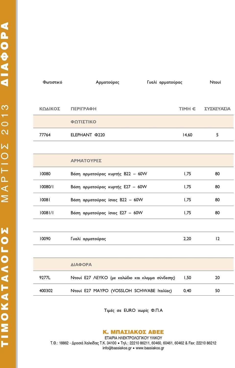 2,20 12 ΔΙΑΦΟΡΑ Αρματούρες 9277L Ντουί Ε27 ΛΕΥΚΟ (με καλώδιο και κλεμμα σύνδεσης) 1,50 20 400302 Ντουί Ε27 ΜΑΥΡΟ (VΟSSLOH SCHWABE Ιταλίας) 0,40 50 Τιμές σε EURO χωρίς Φ.Π.