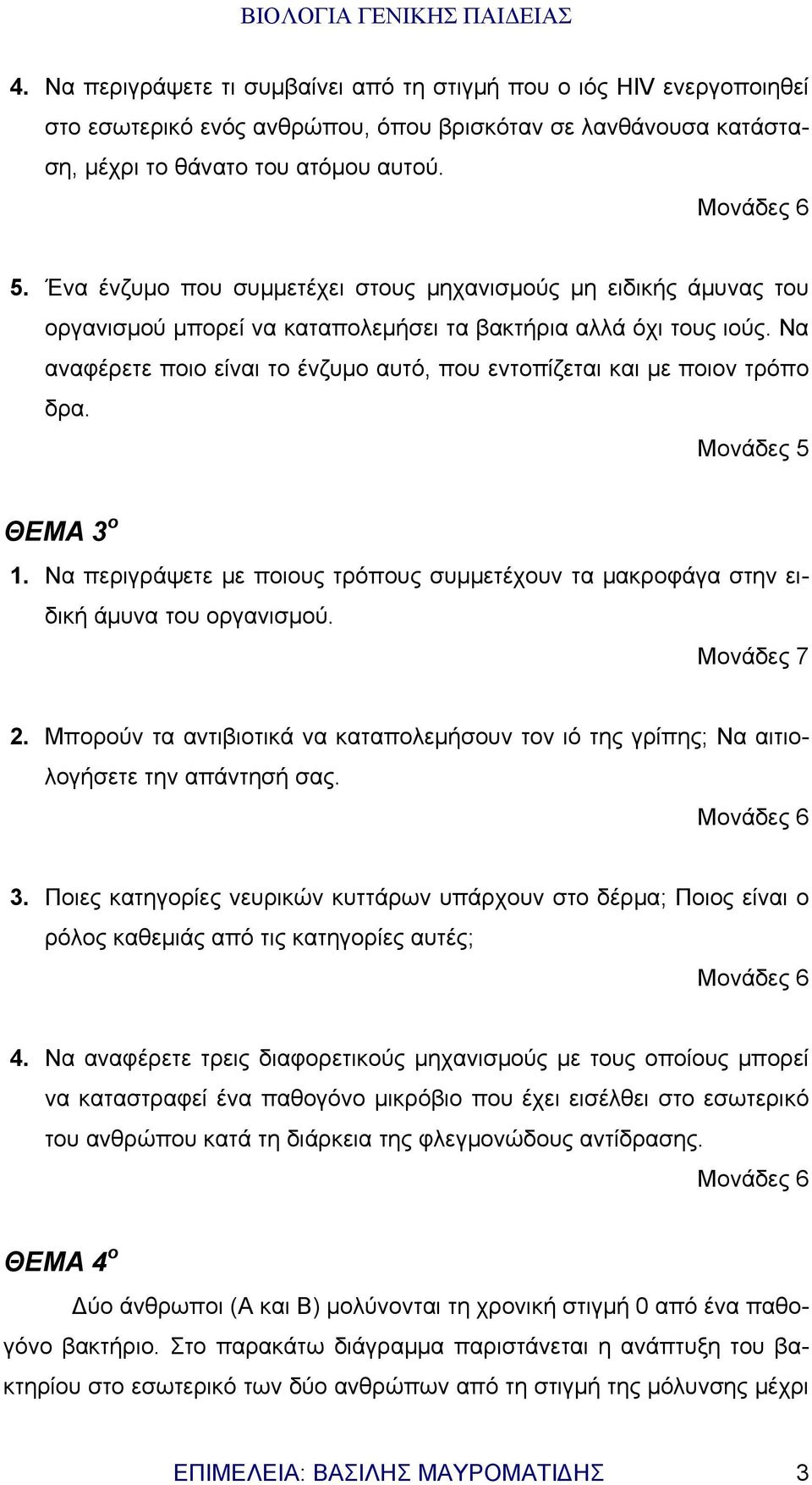 Να αναφέρετε ποιο είναι το ένζυμο αυτό, που εντοπίζεται και με ποιον τρόπο δρα. ΘΕΜΑ 3 ο 1. Να περιγράψετε με ποιους τρόπους συμμετέχουν τα μακροφάγα στην ειδική άμυνα του οργανισμού. Μονάδες 7 2.