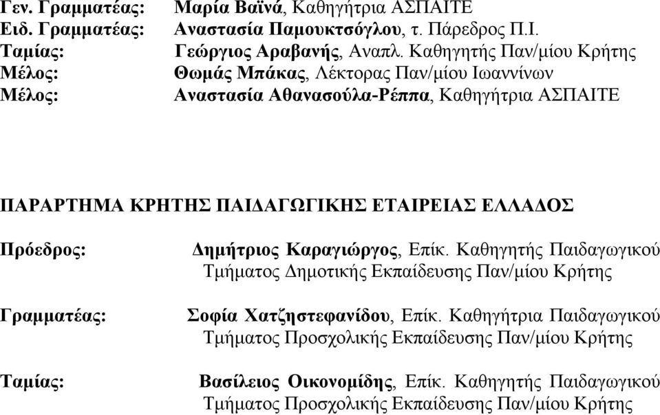 Πρόεδρος: Γραμματέας: Ταμίας: Δημήτριος Καραγιώργος, Επίκ. Καθηγητής Παιδαγωγικού Τμήματος Δημοτικής Εκπαίδευσης Παν/μίου Κρήτης Σοφία Χατζηστεφανίδου, Επίκ.