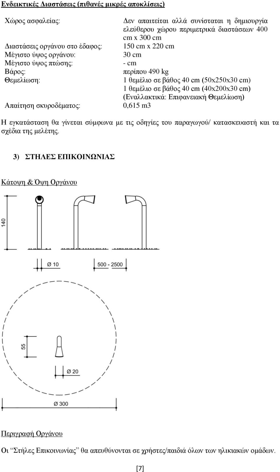 40 cm (50x250x30 cm) 1 θεμέλιο σε βάθος 40 cm (40x200x30 cm) (Εναλλακτικά: Επιφανειακή Θεμελίωση) 0,615 m3 Η εγκατάσταση θα γίνεται σύμφωνα με τις οδηγίες του παραγωγού/