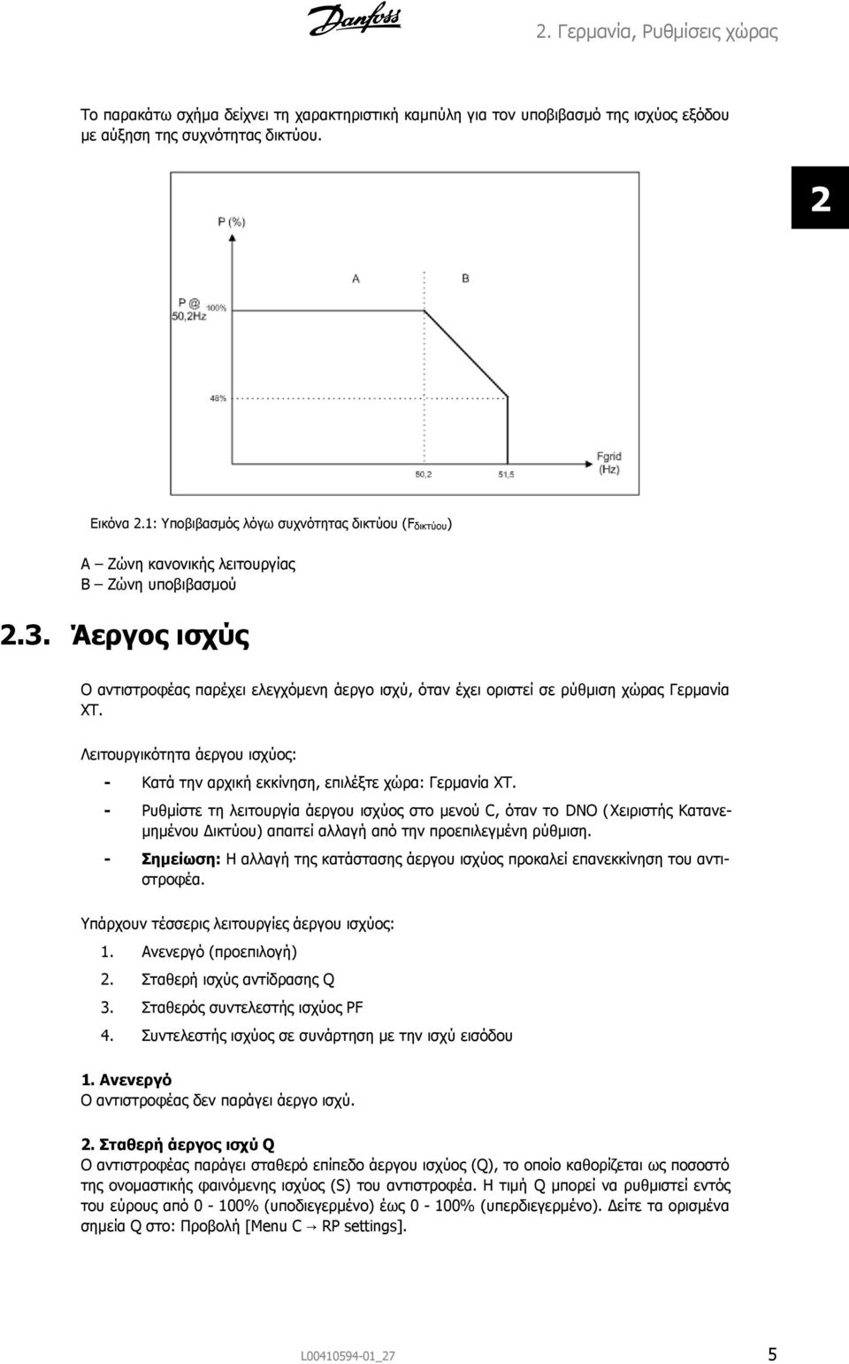 Άεργος ισχύς Ο αντιστροφέας παρέχει ελεγχόμενη άεργο ισχύ, όταν έχει οριστεί σε ρύθμιση χώρας Γερμανία ΧΤ. Λειτουργικότητα άεργου ισχύος: - Κατά την αρχική εκκίνηση, επιλέξτε χώρα: Γερμανία ΧΤ.