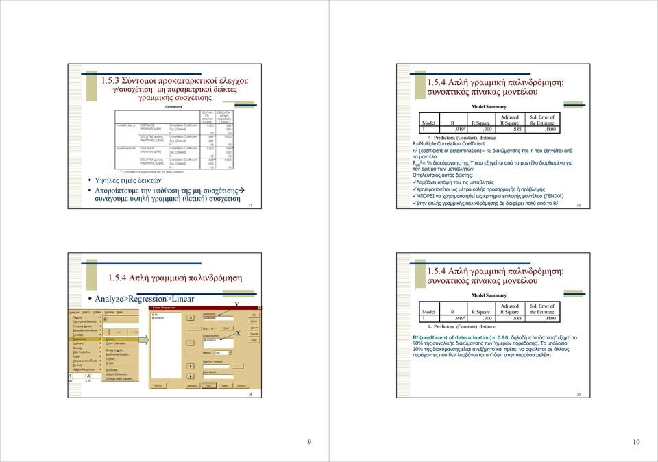 Predictors: (Constant), distance R=Multiple Correlation Coefficient R 2 (coefficient of determination)= % διακύµανσης της Υ που εξηγείται από το µοντέλο R adj2 = % διακύµανσης της Υ που εξηγείται από
