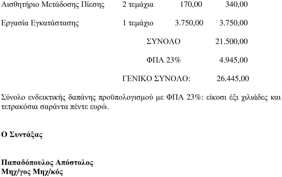 445,00 Σύνολο ενδεικτικής δαπάνης προϋπολογισµού µε ΦΠΑ 23%: είκοσι έξι