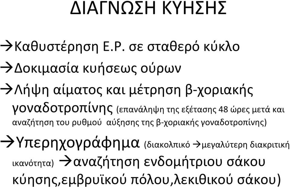 γοναδοτροπίνης (επανάληψη της εξέτασης 48 ώρες μετά και αναζήτηση του ρυθμού αύξησης της