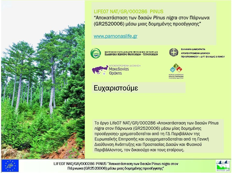 gr Ευχαριστούμε Το έργο Life07 NAT/GR/000286 «Αποκατάσταση των δασών Pinus nigra στον Πάρνωνα (GR2520006) μέσω μίας