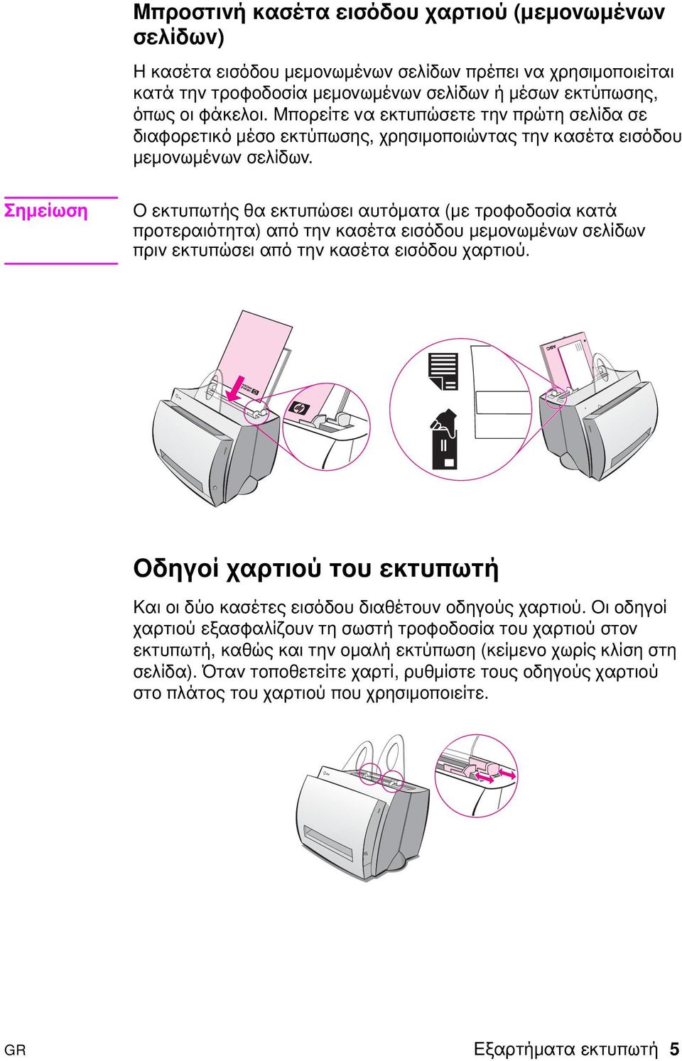 Σηµείωση Ο εκτυπωτής θα εκτυπώσει αυτόµατα (µε τροφοδοσία κατά προτεραιότητα) από την κασέτα εισόδου µεµονωµένων σελίδων πριν εκτυπώσει από την κασέτα εισόδου χαρτιού.