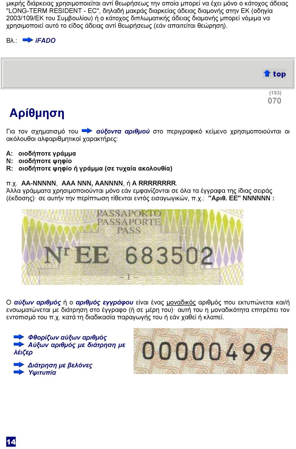 : ifado Αρίθμηση (193) 070 Για τον σχηματισμό του αύξοντα αριθμού στο περιγραφικό κείμενο χρησιμοποιούνται οι ακόλουθοι αλφαριθμητικοί χαρακτήρες: A: οιοδήποτε γράμμα N: οιοδήποτε ψηφίο R: οιοδήποτε