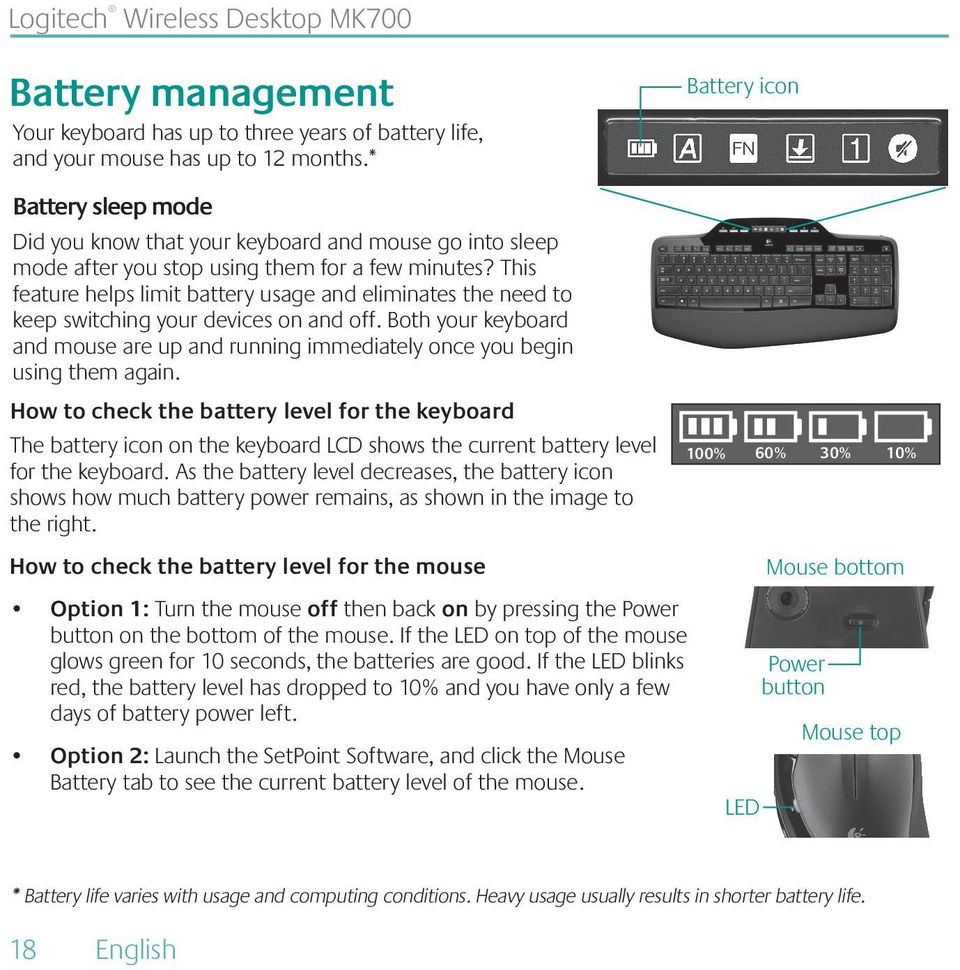 This feature helps limit battery usage and eliminates the need to keep switching your devices on and off. Both your keyboard and mouse are up and running immediately once you begin using them again.