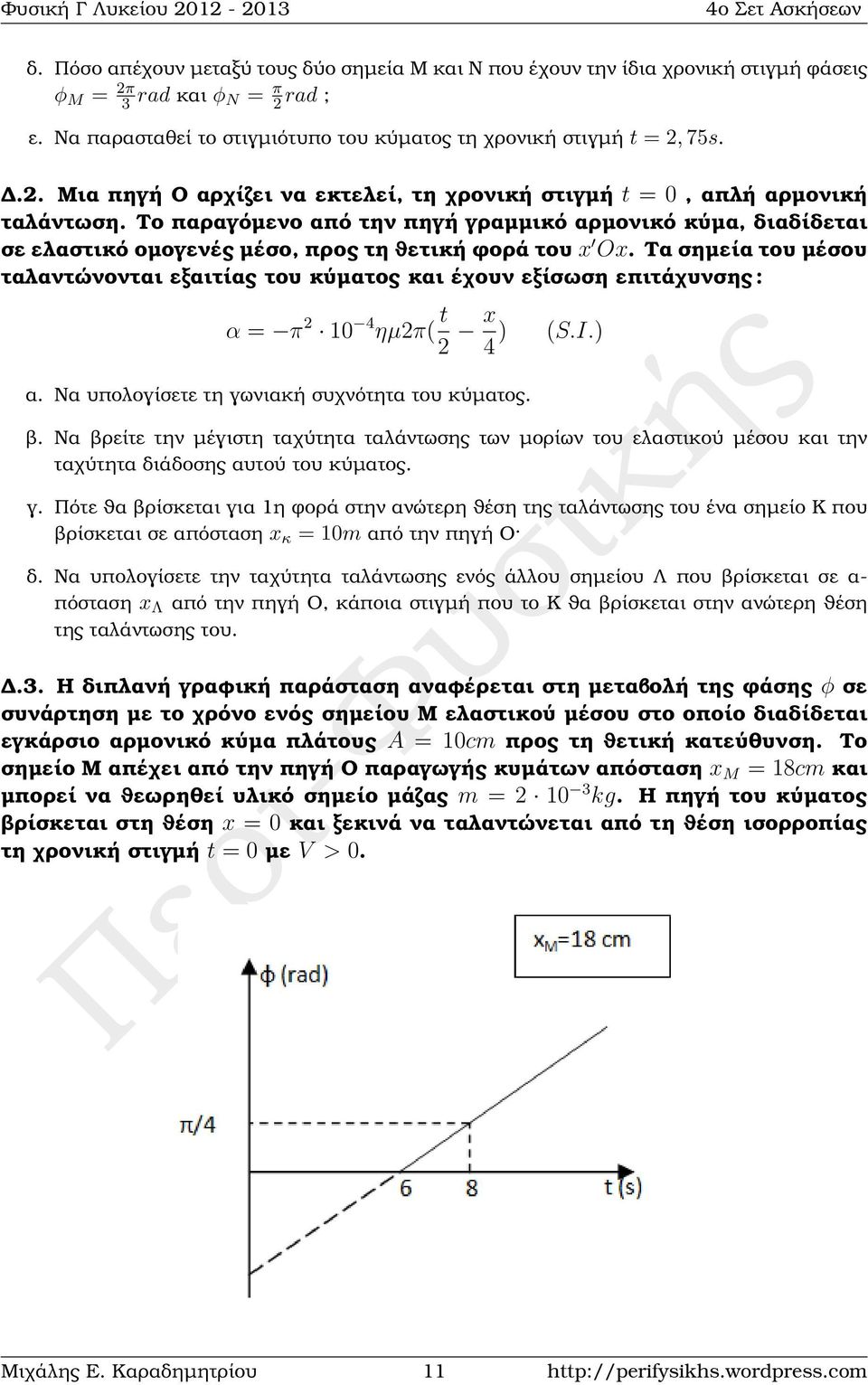 Το παραγόµενο από την πηγή γραµµικό αρµονικό κύµα, διαδίδεται σε ελαστικό οµογενές µέσο, προς τη ϑετική ϕορά του x Ox.