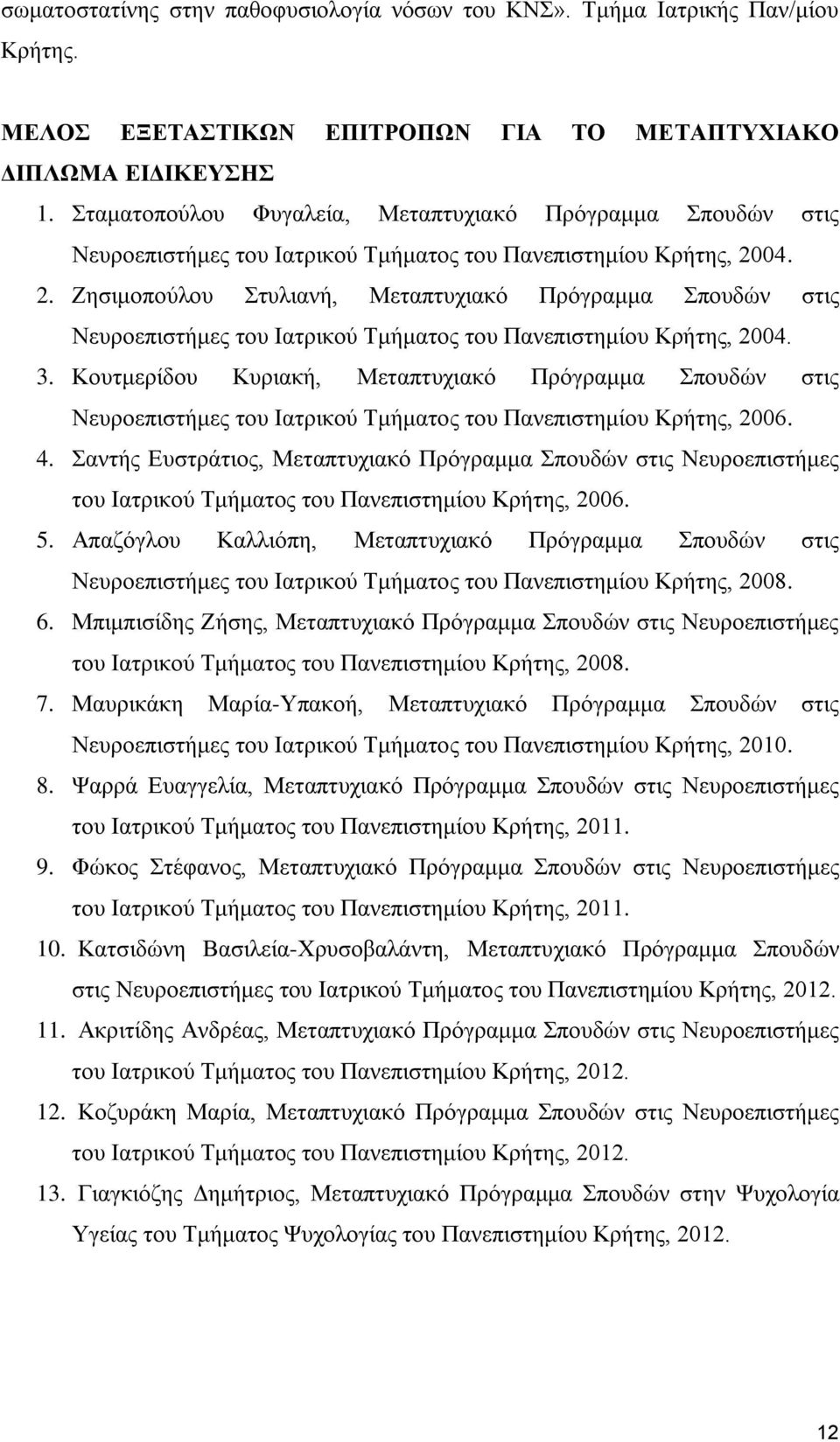 04. 2. Ζησιμοπούλου Στυλιανή, Μεταπτυχιακό Πρόγραμμα Σπουδών στις Νευροεπιστήμες του Ιατρικού Τμήματος του Πανεπιστημίου Κρήτης, 2004. 3.