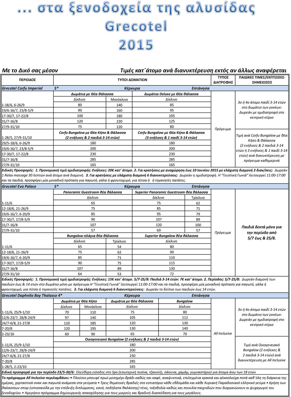 17-30/7, 17/8-5/9 90 107 89 31/7-16/8 107 120 100 Παιδιά δεκτά μόνο για 27/9-31/10 57 69 57 την περίοδο από Bungalow πλάγια θέα θάλασσα Superior Bungalow θέα θάλασσα 5/7 έως & 25/8.