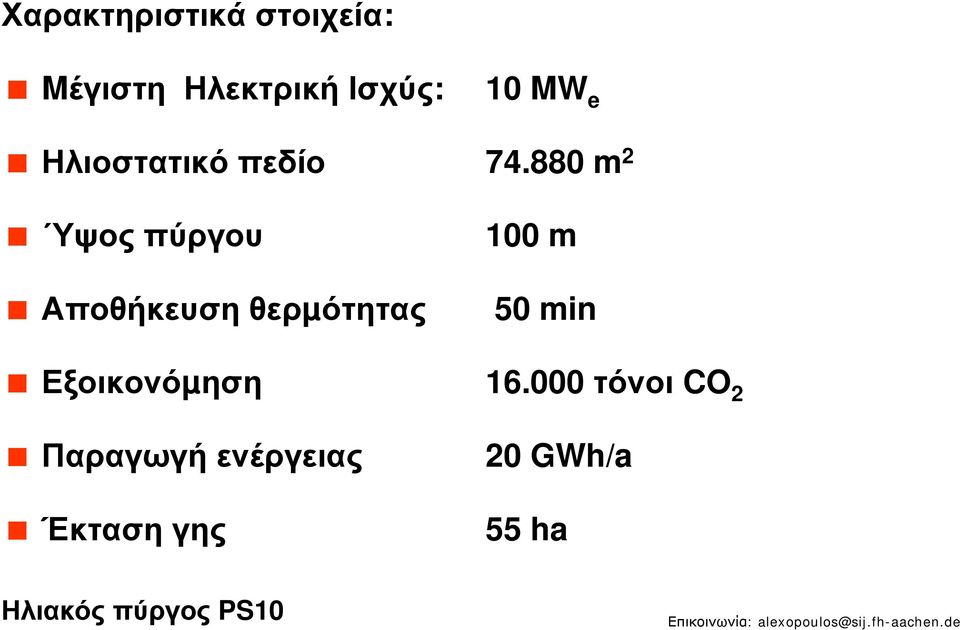 880 m 2 Υψος πύργου Αποθήκευση θερµότητας 100 m 50 min