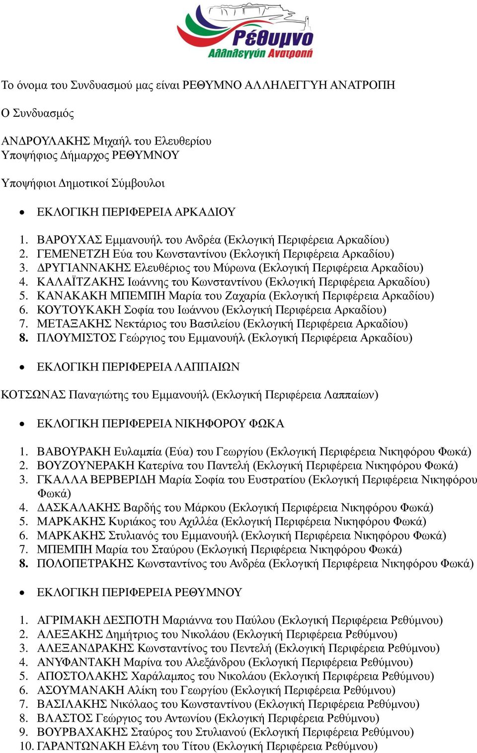 ΚΑΛΑΪΤΖΑΚΗΣ Ιωάννης του Κωνσταντίνου (Εκλογική Περιφέρεια Αρκαδίου) 5. ΚΑΝΑΚΑΚΗ ΜΠΕΜΠΗ Μαρία του Ζαχαρία (Εκλογική Περιφέρεια Αρκαδίου) 6.