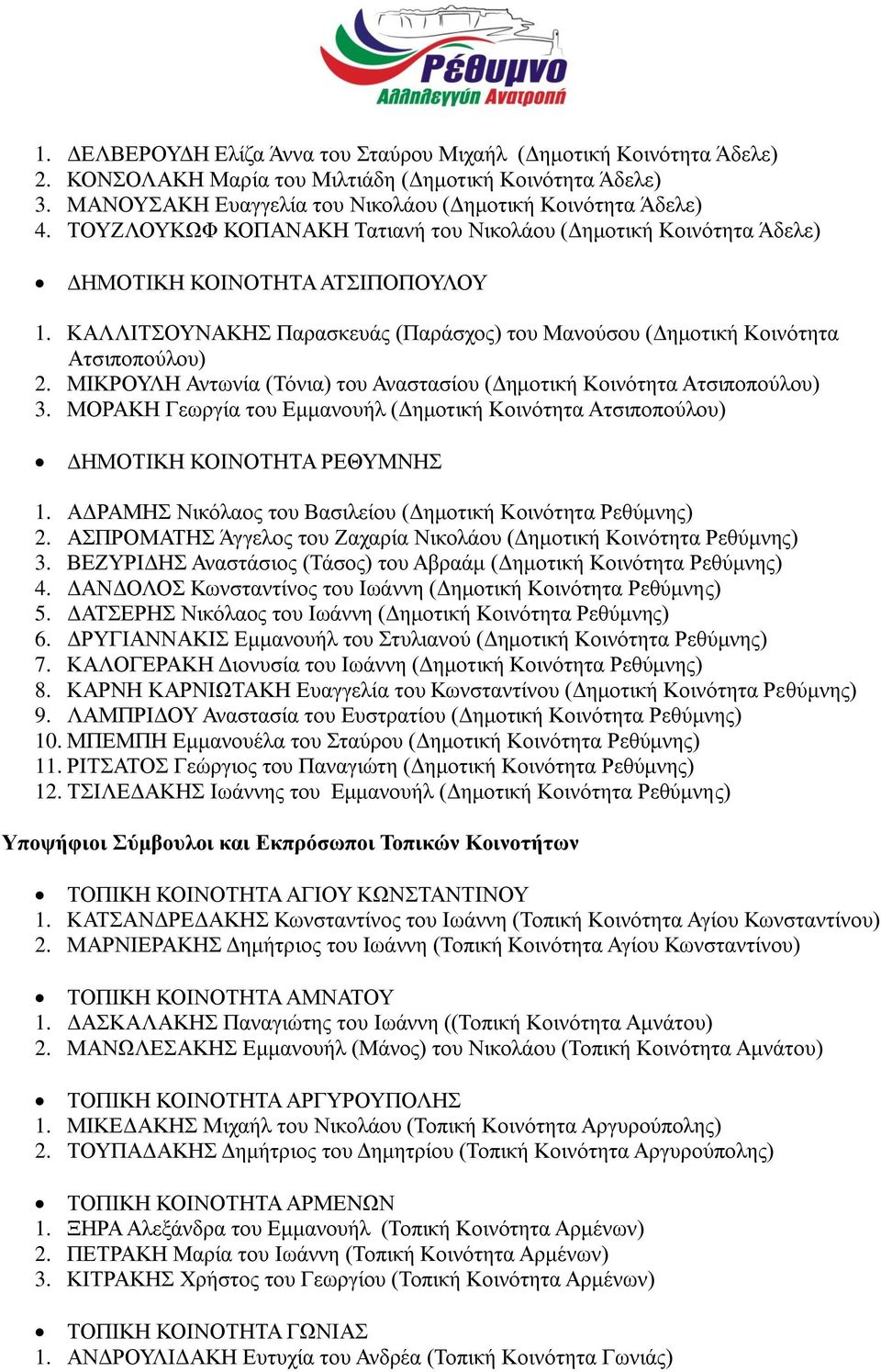 ΜΙΚΡΟΥΛΗ Αντωνία (Τόνια) του Αναστασίου (Δημοτική Κοινότητα Ατσιποπούλου) 3. ΜΟΡΑΚΗ Γεωργία του Εμμανουήλ (Δημοτική Κοινότητα Ατσιποπούλου) ΔΗΜΟΤΙΚΗ ΚΟΙΝΟΤΗΤΑ ΡΕΘΥΜΝΗΣ 1.