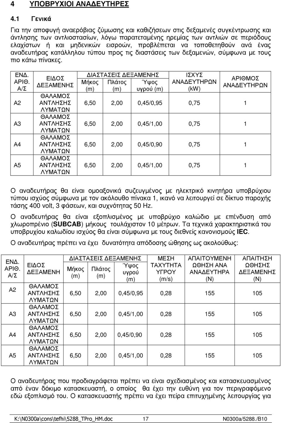 εισροών, προβλέπεται να τοποθετηθούν ανά ένας αναδευτήρας κατάλληλου τύπου προς τις διαστάσεις των δεξαµενών, σύµφωνα µε τους πιο κάτω πίνακες. ΕΝ. ΑΡΙΘ.