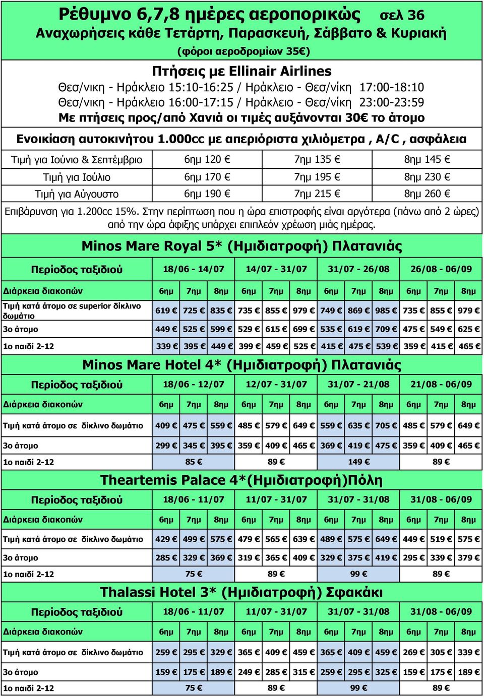 190 7ημ 215 8ημ 260 Minos Mare Royal 5* (Ημιδιατροφή) Πλατανιάς 18/06-14/07 14/07-31/07 31/07-26/08 26/08-06/09 Τιμή κατά άτομο σε superior δίκλινο δωμάτιo 619 725 835 735 855 979 749 869 985 735 855