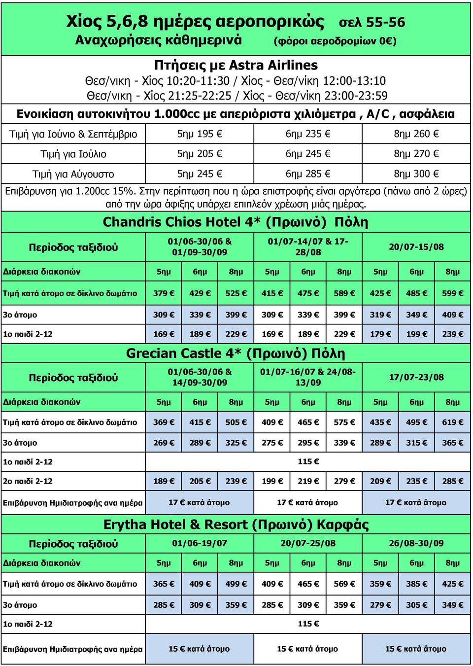 Διάρκεια διακοπών 5ημ 6ημ 8ημ 5ημ 6ημ 8ημ 5ημ 6ημ 8ημ 379 429 525 415 475 589 425 485 599 3ο άτομο 309 339 399 309 339 399 319 349 409 169 189 229 169 189 229 179 199 239 Grecian Castle 4* (Πρωινό)