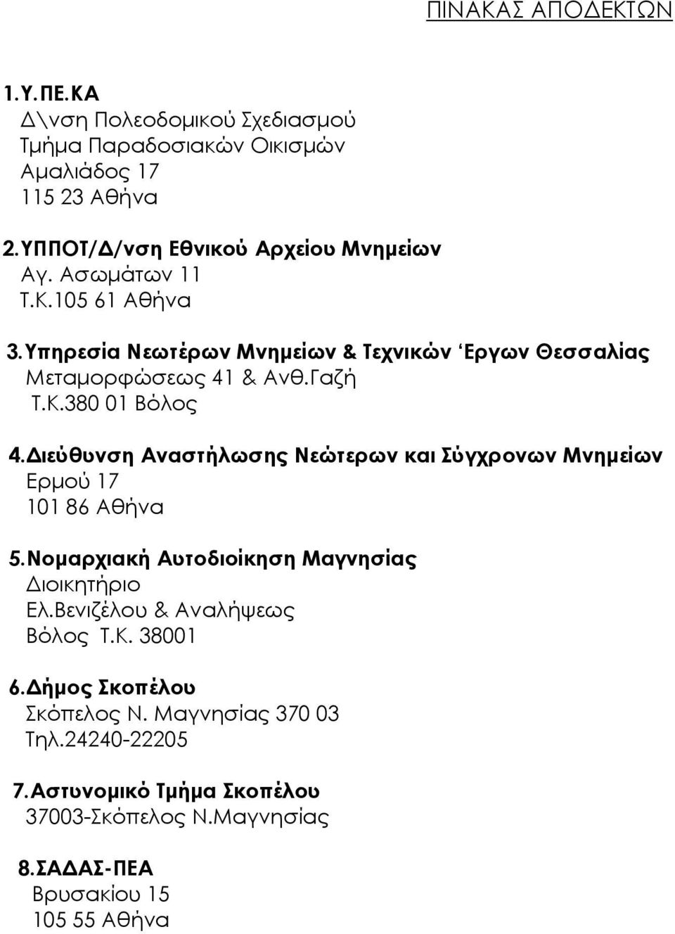 Γαζή Τ.Κ.380 01 Βόλος 4. ιεύθυνση Αναστήλωσης Νεώτερων και Σύγχρονων Μνηµείων Ερµού 17 101 86 Αθήνα 5.Νοµαρχιακή Αυτοδιοίκηση Μαγνησίας ιοικητήριο Ελ.