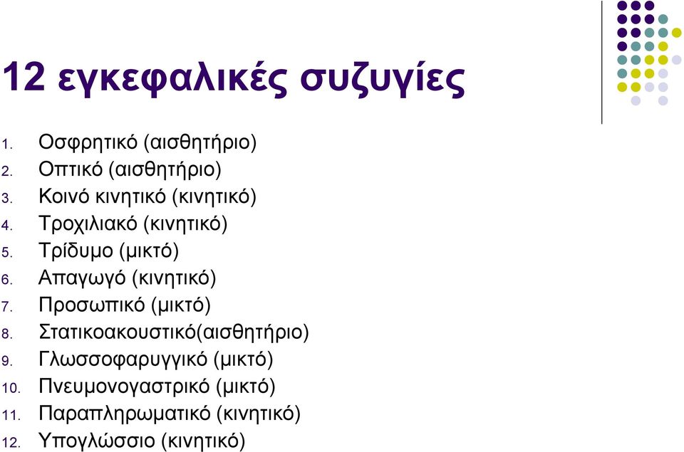 Απαγωγό (κινητικό) 7. Προσωπικό (μικτό) 8. Στατικοακουστικό(αισθητήριο) 9.