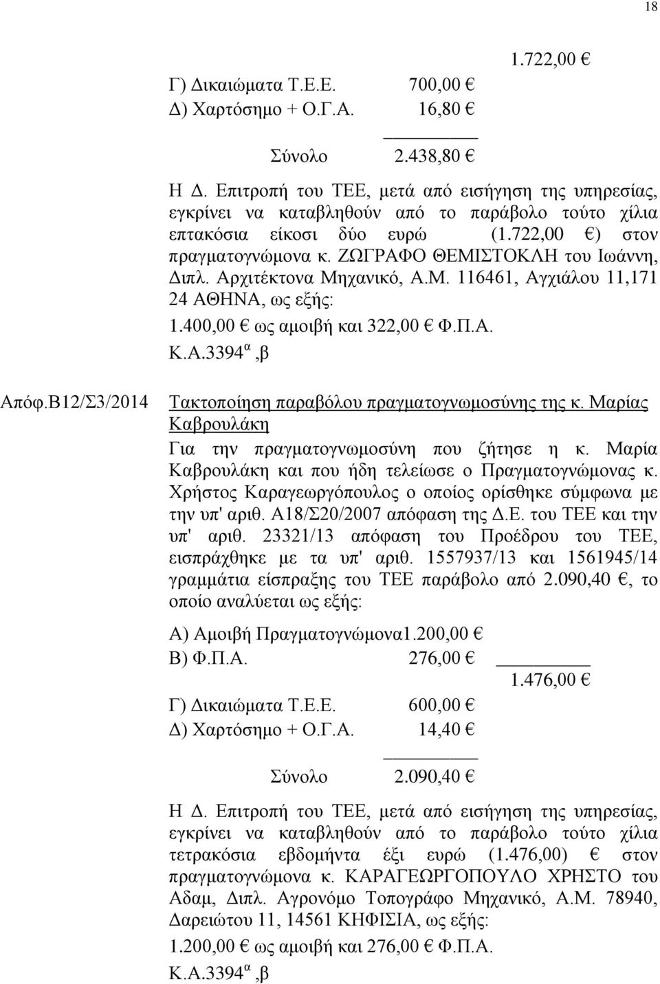 ΖΩΓΡΑΦΟ ΘΕΜΙΣΤΟΚΛΗ του Ιωάννη, Διπλ. Αρχιτέκτονα Μηχανικό, Α.Μ. 116461, Αγχιάλου 11,171 24 ΑΘΗΝΑ, ως εξής: 1.400,00 ως αμοιβή και 322,00 Φ.Π.Α. Κ.Α.3394 α,β Απόφ.