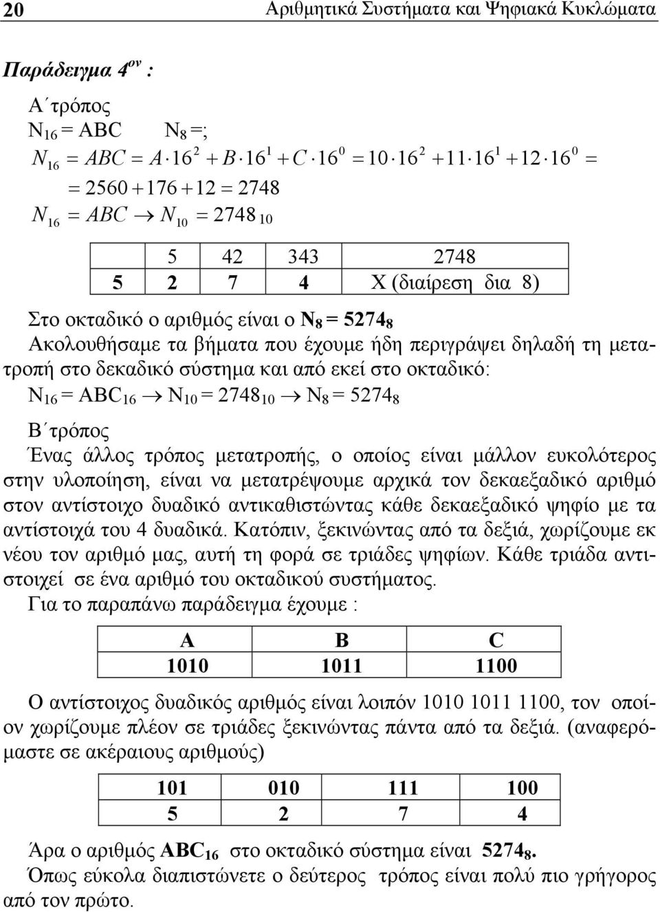 στο οκταδικό: N 16 = ABC 16 N 10 = 2748 10 N 8 = 5274 8 Β τρόπος Ένας άλλος τρόπος μετατροπής, ο οποίος είναι μάλλον ευκολότερος στην υλοποίηση, είναι να μετατρέψουμε αρχικά τον δεκαεξαδικό αριθμό