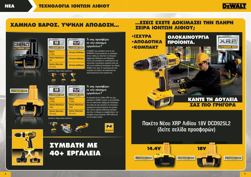 ΟΤΙΚΑ ΚΟΜΠΑΚΤ ΟΛΟΚΑΙΝΟΥΡΓΙΑ ΠΡΟΪΟΝΤΑ. H DEWALT έχει σχεδιάσει αυτή τη νέα ΚΟΜΠΑΚΤ σειρά εργαλείων µε µπαταρίες ιόντων λιθίου µε σκεπτικό τις πολύωρες εφαρµογές βιδώµατος και διάτρησης.