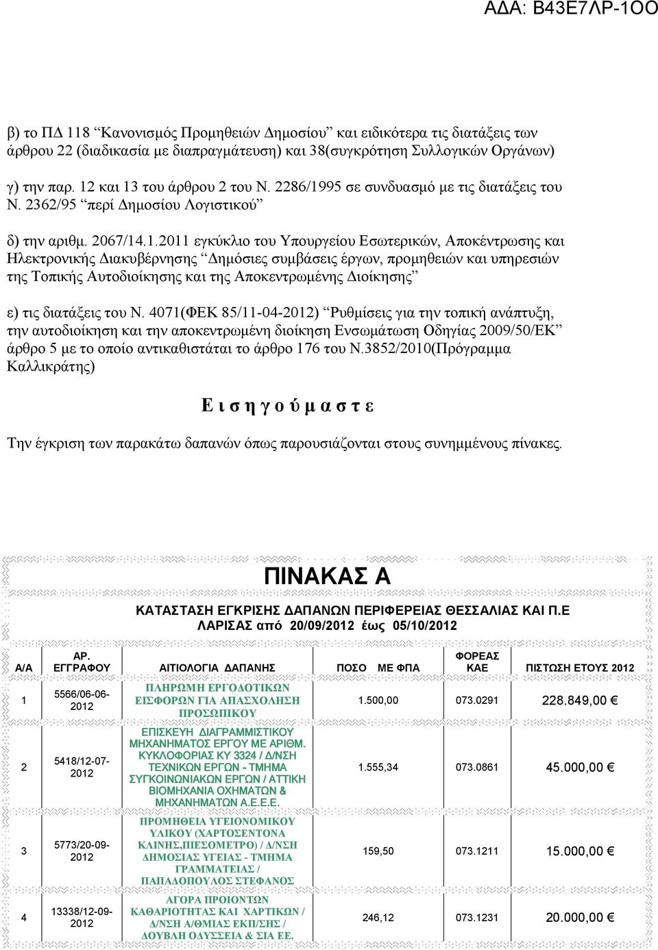 95 σε συνδυασµό µε τις διατάξεις του Ν. 2362/95 περί ηµοσίου Λογιστικού δ) την αριθµ. 2067/14