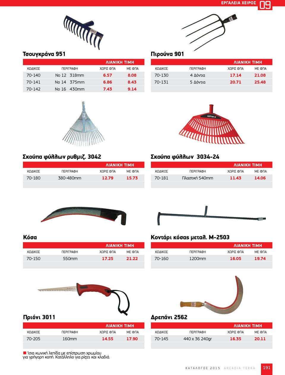 73 Σκούπα φύλλων 3034-24 70-181 Πλαστική 540mm 11.43 14.06 Κόσα 70-150 550mm 17.25 21.22 Κοντάρι κόσας μεταλ. M-2503 70-160 1200mm 16.05 19.