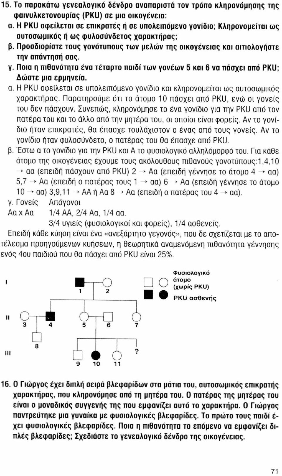 Προσδιορίστε τους γονότυπους των μελών της οικογένειας και αιτιολογήστε την απάντησή σας. γ. Ποια η πιθανότητα ένα τέταρτο παιδί των γονέων 5 και 6 να πάσχει από PKU; Δώστε μια ερμηνεία. α. Η PKU οφείλεται σε υπολειπόμενο γονίδιο και κληρονομείται ως αυτοσωμικός χαρακτήρας.