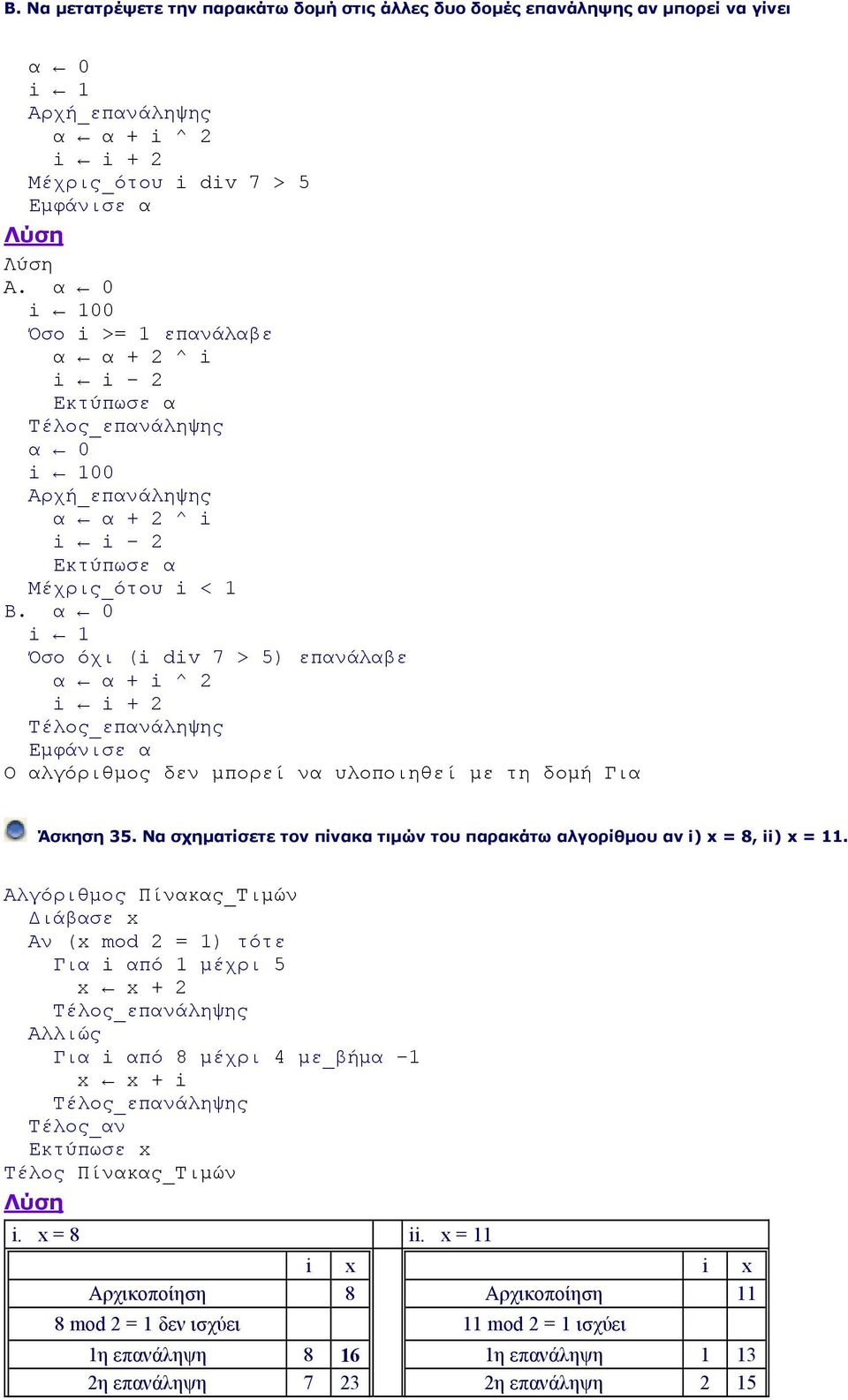 α 0 i 1 Όσο όχι (i div 7 > 5) επανάλαβε α α + i ^ 2 i i + 2 Εμφάνισε α Ο αλγόριθμος δεν μπορεί να υλοποιηθεί με τη δομή Για Άσκηση 35.