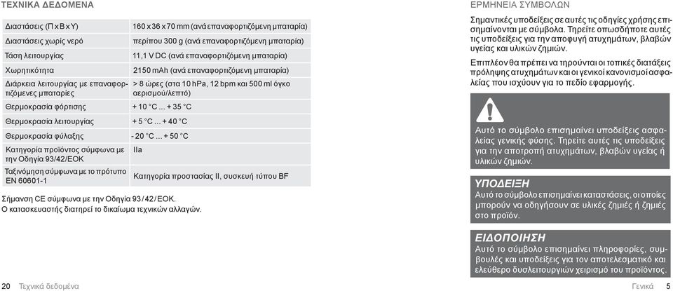 .. + 50 C Κατηγορία προϊόντος σύμφωνα με IIa την Οδηγία 93/42/ΕΟΚ Ταξινόμηση σύμφωνα με το πρότυπο EN 60601-1 Σήμανση CE σύμφωνα με την Οδηγία 93 / 42 / ΕΟΚ.