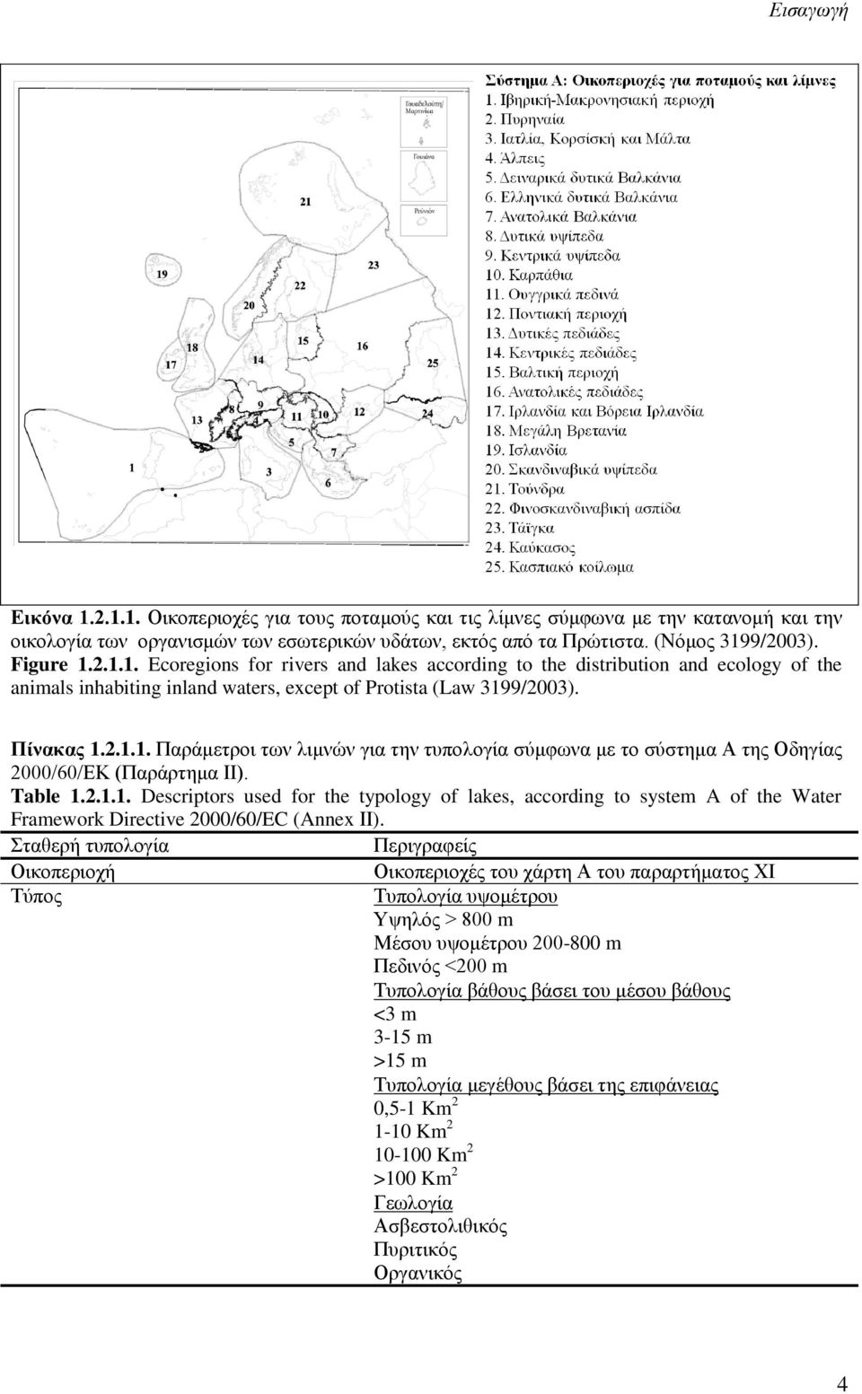 Table 1.2.1.1. Descriptors used for the typology of lakes, according to system A of the Water Framework Directive 2000/60/EC (Annex ΙΙ).