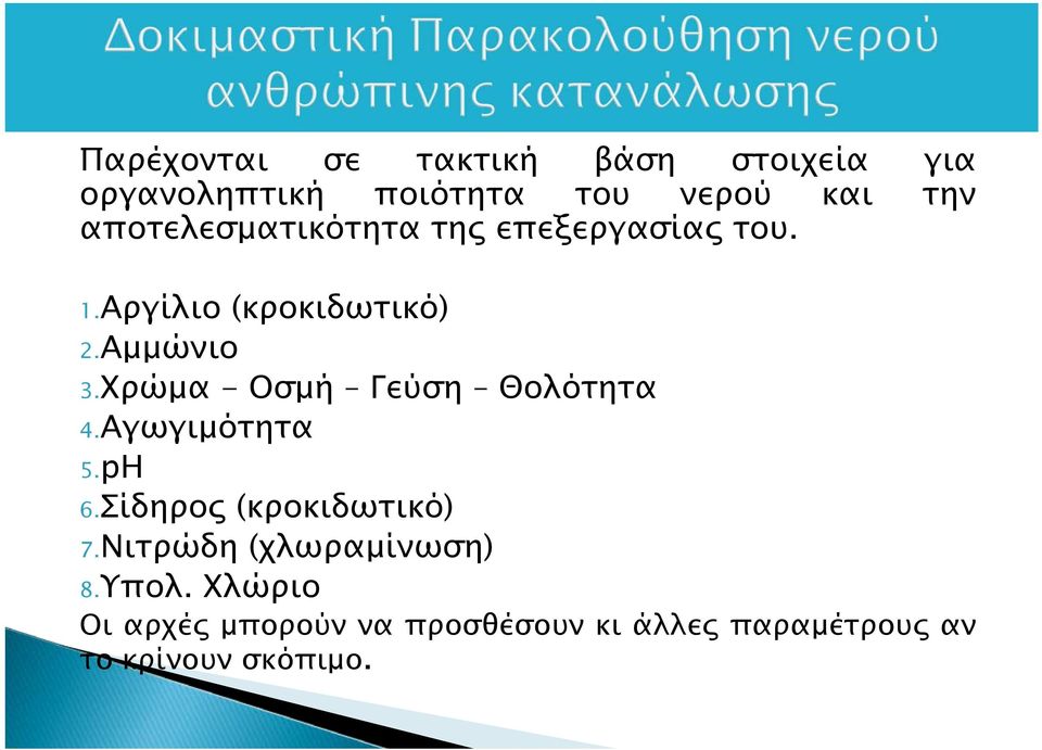 Χρώμα - Οσμή Γεύση Θολότητα 4.Αγωγιμότητα 5.pH 6.Σίδηρος (κροκιδωτικό) 7.