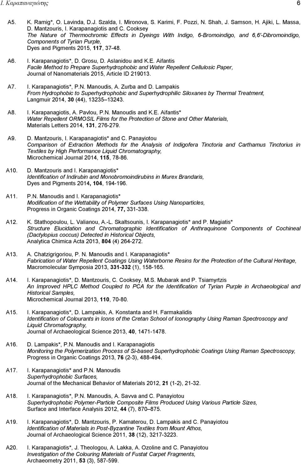 Grosu, D. Aslanidou and K.E. Aifantis Facile Method to Prepare Superhydrophobic and Water Repellent Cellulosic Paper, Journal of Nanomaterials 2015, Article ID 219013. A7. I. Karapanagiotis*, P.N. Manoudis, A.