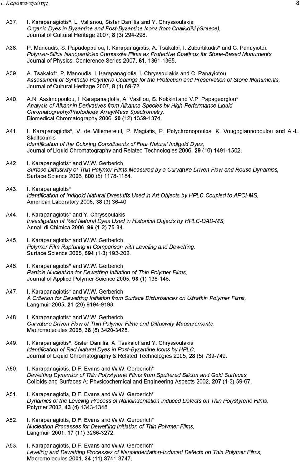 Tsakalof, I. Zuburtikudis* and C. Panayiotou Polymer-Silica Nanoparticles Composite Films as Protective Coatings for Stone-Based Monuments, Journal of Physics: Conference Series 2007, 61, 1361-1365.