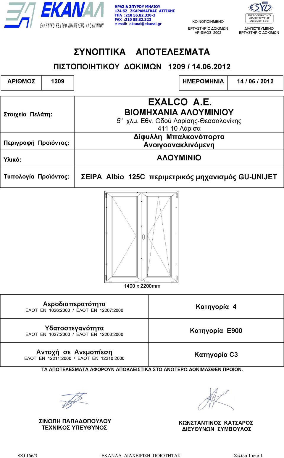 2012 ΑΡΙΘΜΟΣ 1209 ΗΜΕΡΟΜΗΝΙΑ 14 / 06 / 2012 Στοιχεία Πελάτη: Περιγραφή Προϊόντος: Υλικό: Τυπολογία Προϊόντος: EXALCO A.E. ΒΙΟΜΗΧΑΝΙΑ ΑΛΟΥΜΙΝΙΟΥ 5 ο χλµ. Εθν.