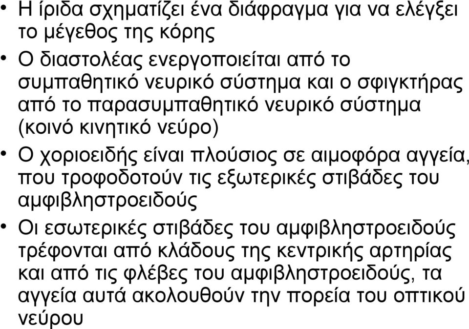 αγγεία, που τροφοδοτούν τις εξωτερικές στιβάδες του αμφιβληστροειδούς Οι εσωτερικές στιβάδες του αμφιβληστροειδούς τρέφονται