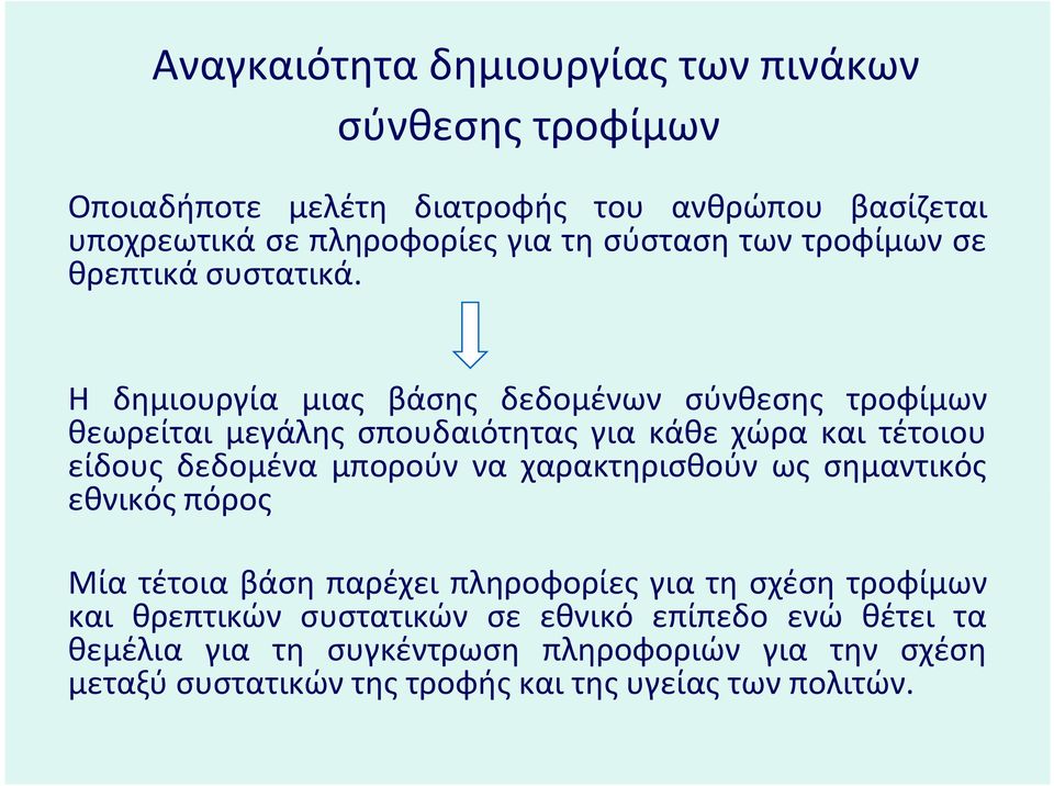 Η δημιουργία μιας βάσης δεδομένωνδ σύνθεσης ύθ τροφίμων θεωρείται μεγάλης σπουδαιότητας για κάθε χώρα και τέτοιου είδους δεδομένα μπορούν να