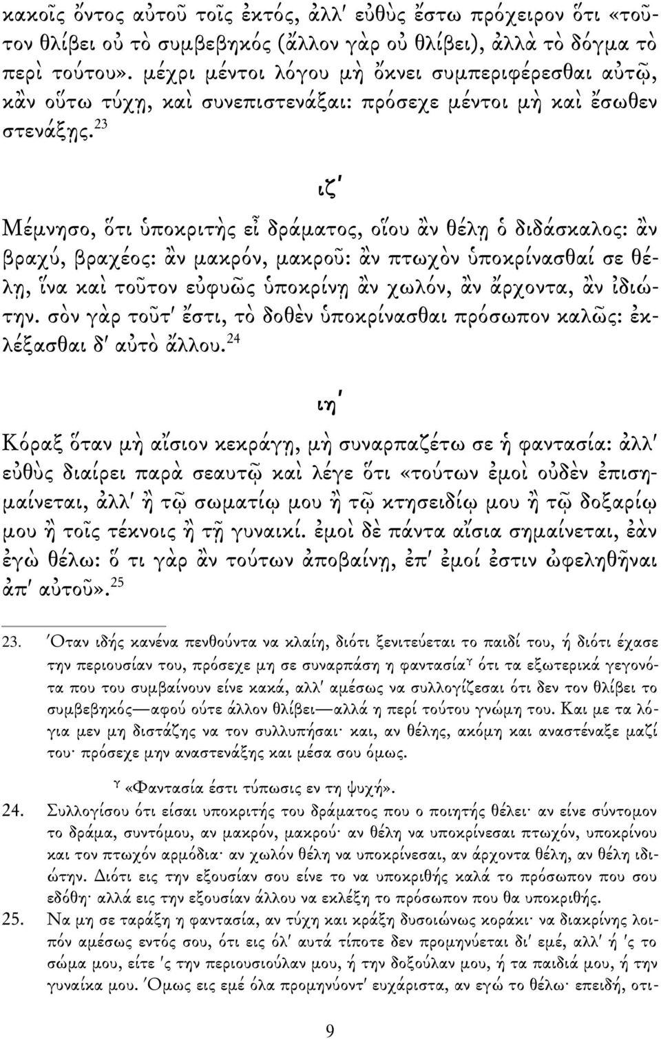 23 ιζʹ Μέμνησο, ὅτι ὑποκριτὴς εἶ δράματος, οἵου ἂν θέλῃ ὁ διδάσκαλος: ἂν βραχύ, βραχέος: ἂν μακρόν, μακροῦ: ἂν πτωχὸν ὑποκρίνασθαί σε θέλῃ, ἵνα καὶ τοῦτον εὐφυῶς ὑποκρίνῃ ἂν χωλόν, ἂν ἄρχοντα, ἂν