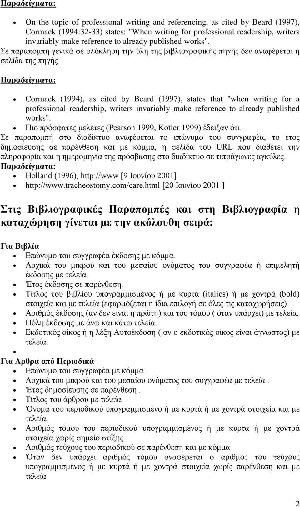 Παραδείγματα: Cormack (1994), as cited by Beard (1997), states that "when writing for a professional readership, writers invariably make reference to already published works".