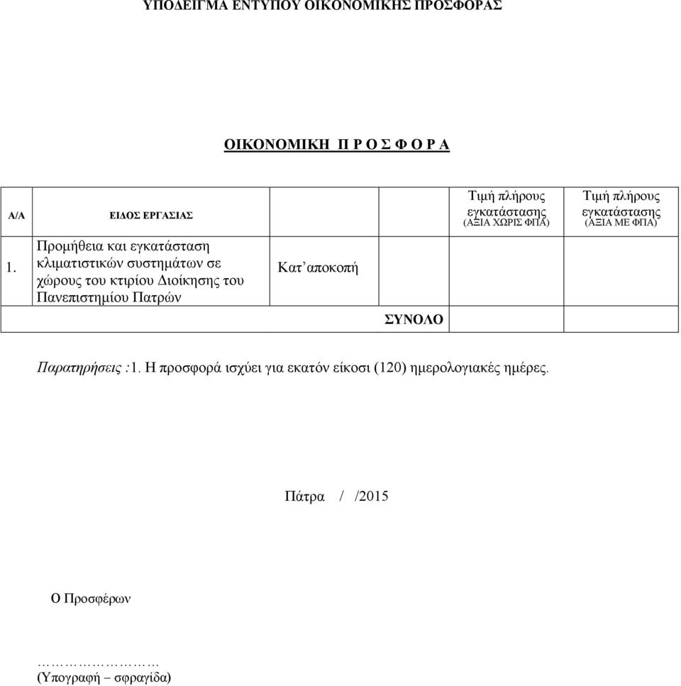 Προμήθεια και εγκατάσταση κλιματιστικών συστημάτων σε χώρους του κτιρίου Διοίκησης του Πανεπιστημίου