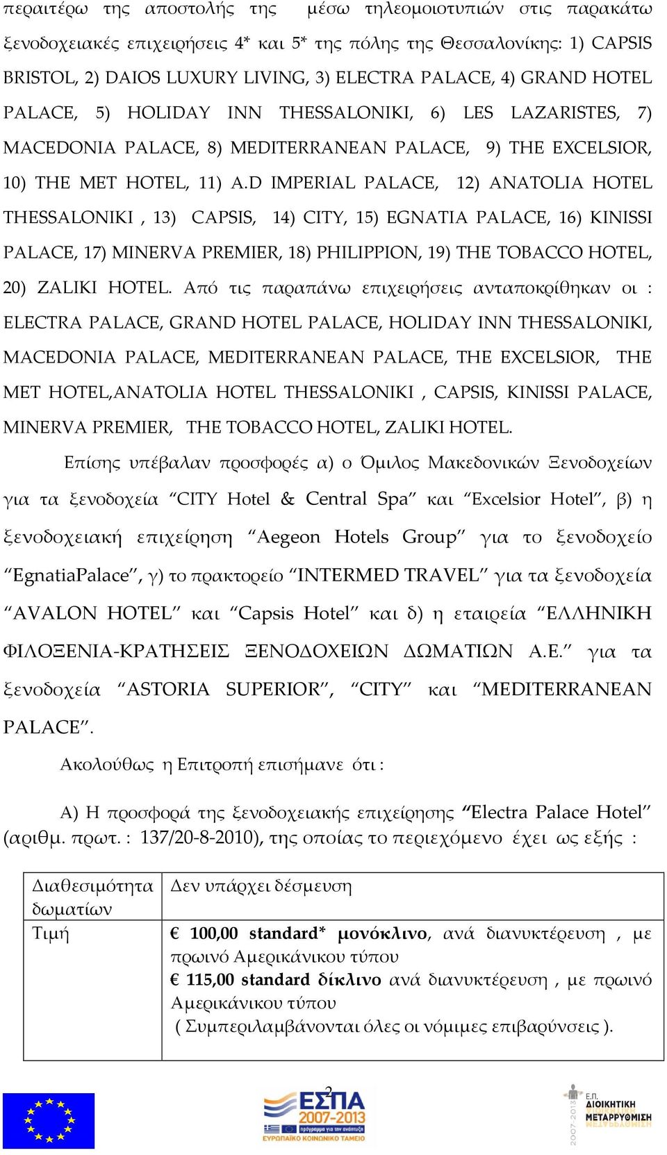 D IMPERIAL PALACE, 12) ANATOLIA HOTEL THESSALONIKI, 13) CAPSIS, 14) CITY, 15) EGNATIA PALACE, 16) KINISSI PALACE, 17) MINERVA PREMIER, 18) PHILIPPION, 19) THE TOBACCO HOTEL, 20) ZALIKI HOTEL.