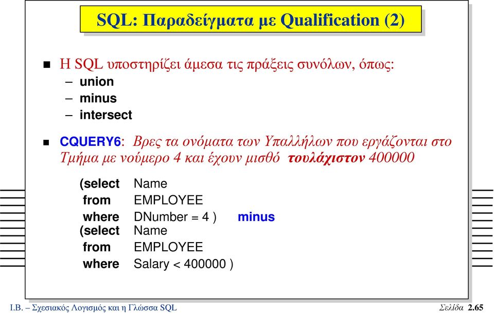 και έχουν µισθό τουλάχιστον 400000 (select Name from EMPLOYEE where DNumber = 4 ) minus