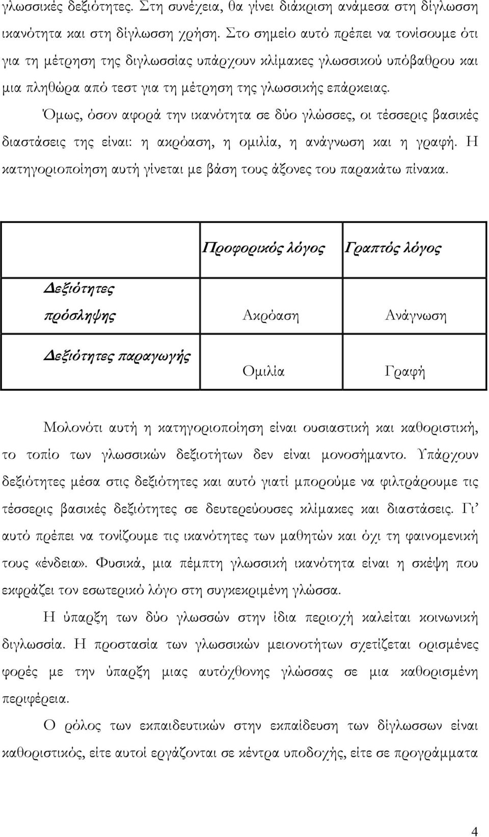 Όμως, όσον αφορά την ικανότητα σε δύο γλώσσες, οι τέσσερις βασικές διαστάσεις της είναι: η ακρόαση, η ομιλία, η ανάγνωση και η γραφή.